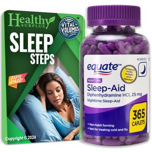 Equate Sleep-Aid Diphenhydramine HCI 25 mg 365 Caplets and Vital Volumes Sleep Steps Tips Card