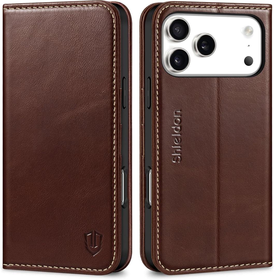 SHIELDON Genuine Leather Case for iPhone 17 Pro Max 6.9" 2025 | Folio Wallet | Magnetic Closure | Kickstand | RFID Blocking 3 Card Slots | Shock-Absorbent Phone Cover | Retro Coffee