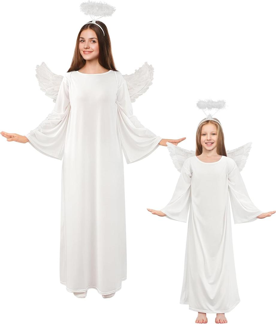 Toulite 3 Pcs Angel Costume Woman Including Angel Dress Headband Wing, Nativity Costume for Halloween Adults Kids Girls Boys (6-9y/39.4 Inches, White)