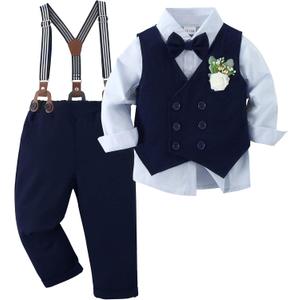 YALLET Toddler Baby Boy Clothes Suit Gentleman Wedding Outfits, Formal Dress Shirt+Bowtie+Vest+Boutonniere+Suspender Pants (12-18 Months, V Navy Blue)
