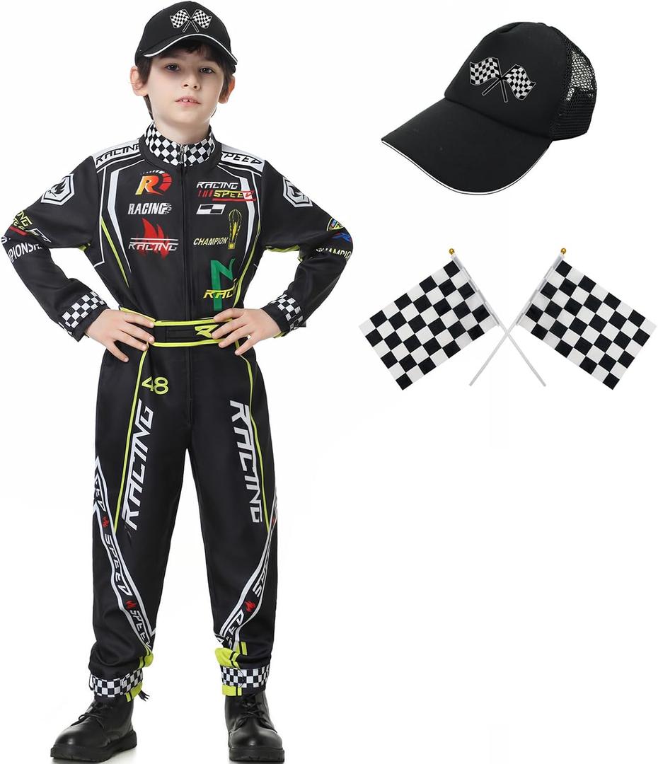 Race Car Driver Costume Boys Racer Jumpsuit With Car Cap Kids Dress Up for Halloween (S(for height 46"-49"), Black)