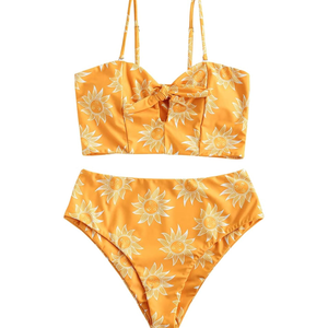 ZAFUL Women Ribbed Keyhole Tied High Waisted Bikini Spaghetti Straps Two Pieces Swimsuit Bathing Suit L