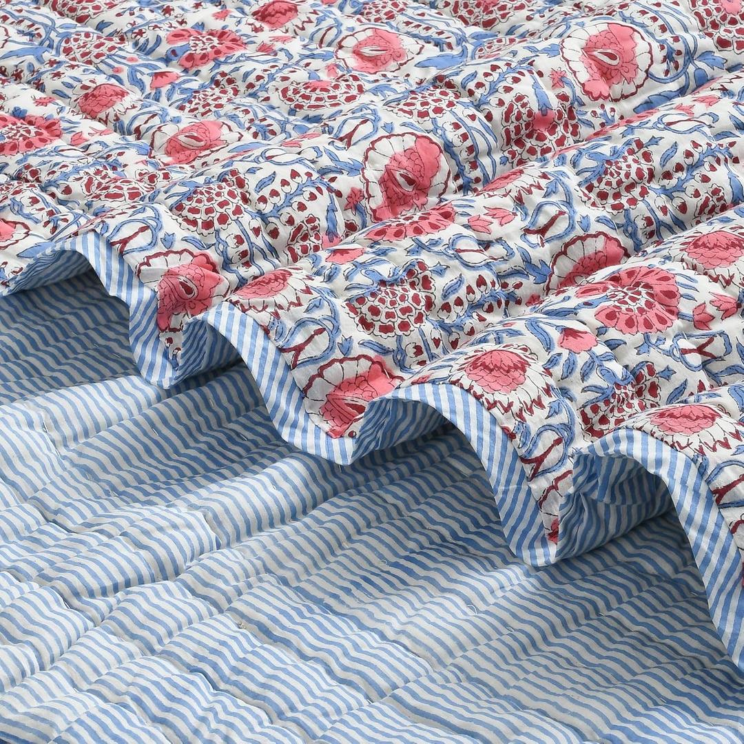 Ridhi Block Print Quilted Pigeon Blue & Flamingo Pink Reversible Throw Blanket 100% Cotton Quilt,Cover for Couch and Bed, Sage Lap Bedding Coverlet, Luxury Oversized Quilted Throw King 96" X 106"
