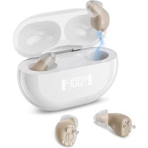 Hearing Aids for Seniors, Invisible Rechargeable Digital OTC Hearing Aids (Not Amplifiers) with 16-Channel Sound Processing Noise Cancelling Auto-On/Off (Beige)
