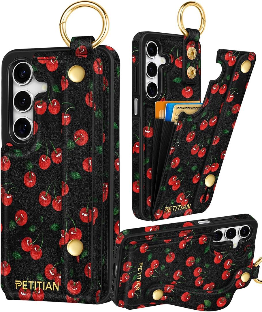 Petitian for Samsung Galaxy A15 5G Case with Wallet - Women Girls Cute Girly Aesthetic Unique Design Leather Credit Card Holder Cardholder Stand Wristband for Galaxy A15 5G, Cherry