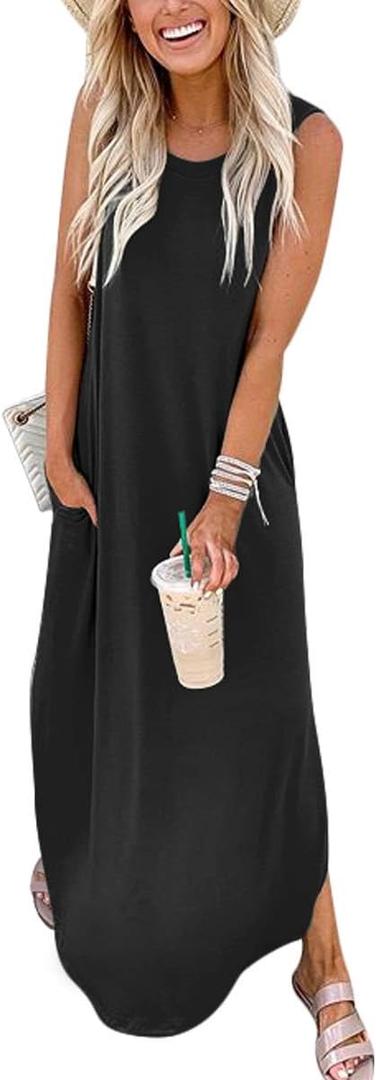 ANRABESS Women Casual Loose Sundress Sleeveless Split Maxi Long Beach Shirt Dress Travel Vacation 2025 Summer Outfits (Medium, Black)