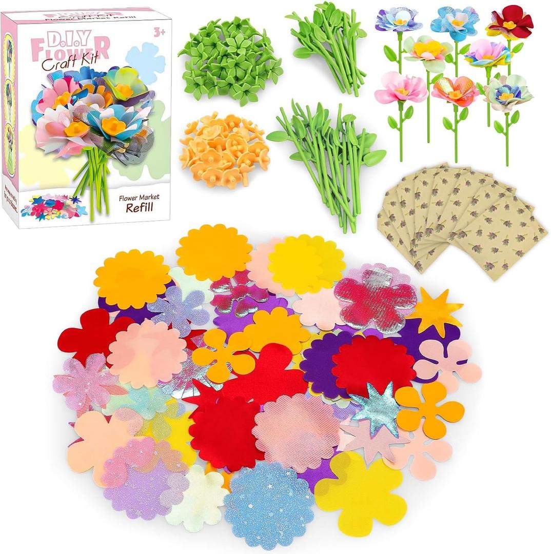 Fabric Flower Craft Accessories Kit  90 Colorful Petals, 28 Flower Cores, 28 Stems (Short & Long), 2 Arrangement Bases, 8 Bouguet Papers  Refill Parts for DIY Arts & Crafts Floral Toy Sets
