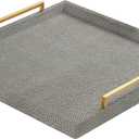 24" Extra Large Grey Shagreen Ottoman Tray Functional Square Serving Tray Stylish Decorative Tray for Modern Home Living Room (Grey-Gold Handle, 24")
