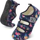 LeIsfIt Womens Slippers Adjustable Diabetic Slippers Wide Soft Arthritis Edema House Shoes Warm Fuzzy Slipper Socks with Rubber Sole (5.5-6.5, Navyflower)