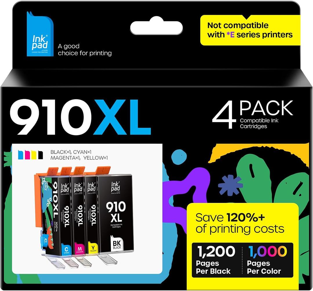 iNKPAD 910XL Ink Cartridges Compatible with HP 910 XL 910XL Ink Cartridges Combo Pack for Officejet Pro 8020 8035 8028 8025 Officejet 8022 8010 8015 8018 (4-Pack, Black Cyan Magenta Yellow)
