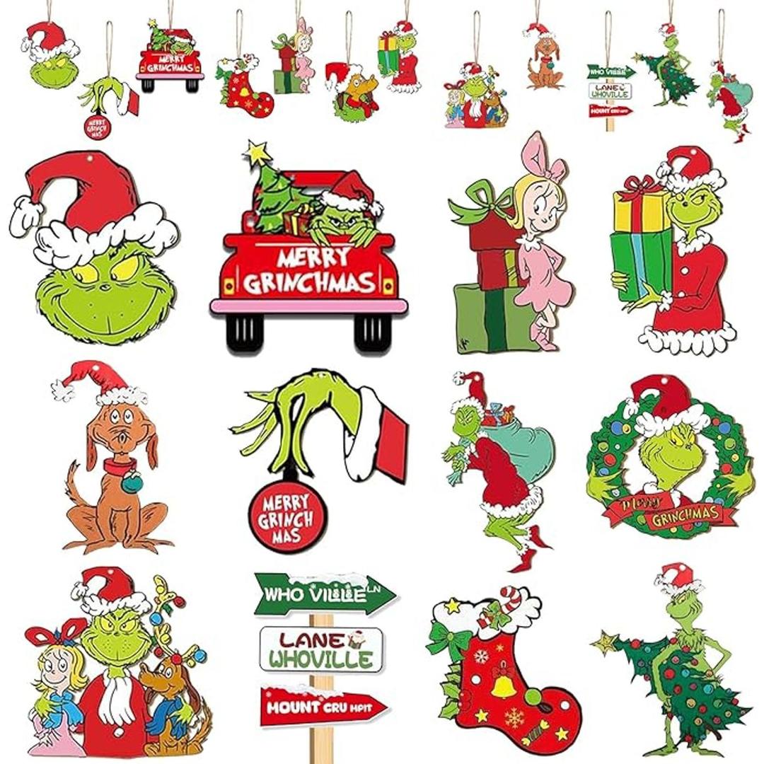 Griinch Ornaments for Christmas Tree Wood, Double-Sided Printing 24 Pcs Christmas Tree Decorations Hanging Ornaments for Tree Home Indoor Outdoor Decorations Pack Of 20