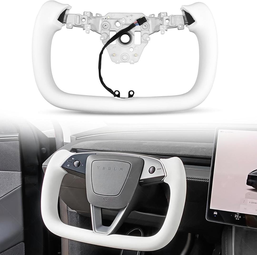 Model Y Juniper Yoke Steering Wheel 2026 2025, Nappa Leather Steering Wheel for Tesla Model Y Juniper 2026 Accessories With Heating Function No Front Trim (White Nappa, Glossy Carbon Fiber)