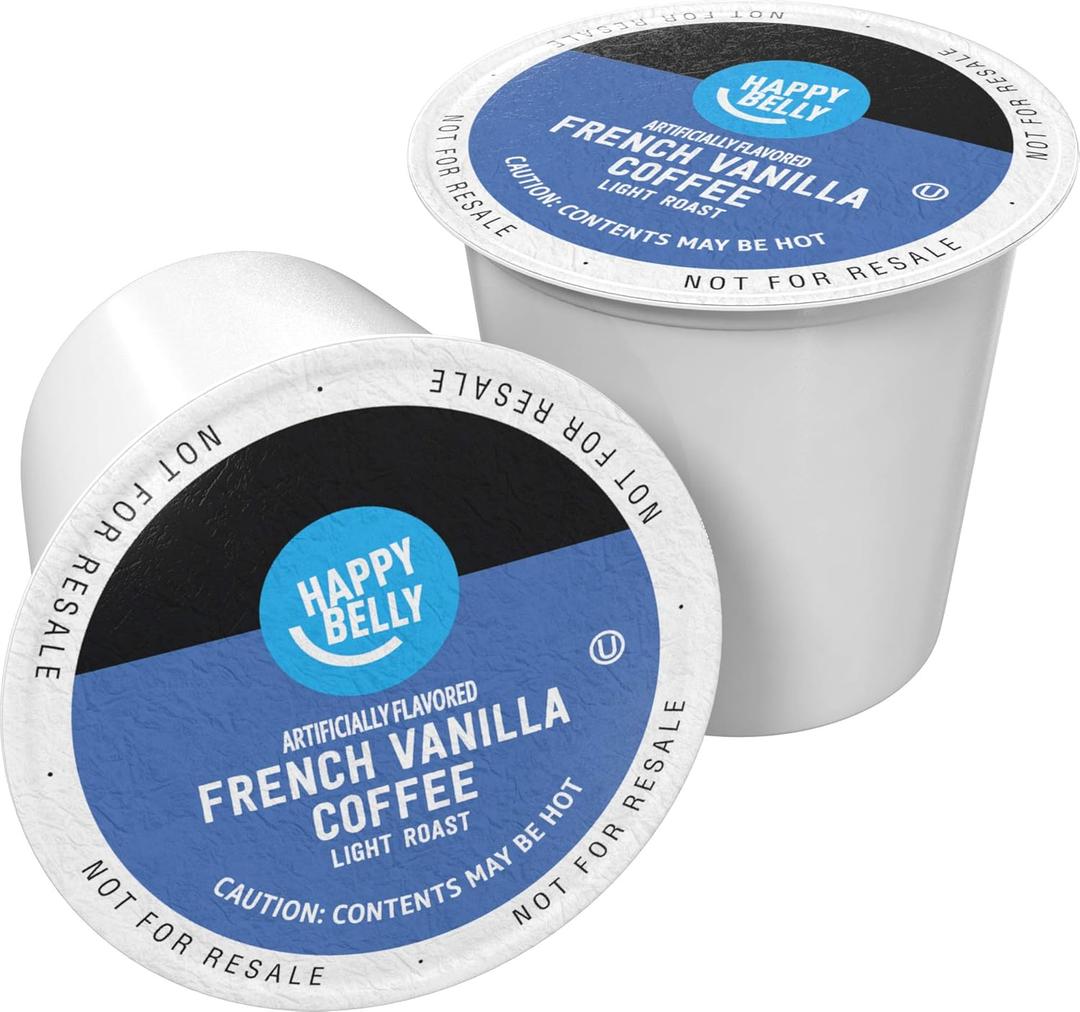 Amazon Brand - Happy Belly Light Roast Coffee Pods, French Vanilla Flavored, Compatible with Keurig 2.0 K-Cup Brewers, 100 Count, Best By: APR 14 2027