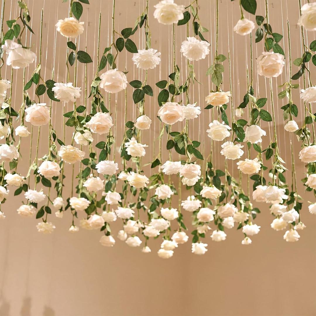 Lyrow 60 Pack Artificial Flower Hanging Flowers Ornament Floating Garland Ceiling Rose Strings for Wedding Anniversary Engagement Marriage Proposal Floral Birthday Party Decor (Rose,White)