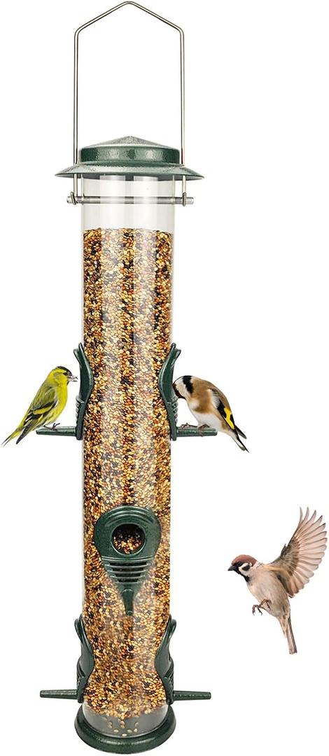 MIXXIDEA 1PK Metal Wild Bird Feeder,Squirrel Proof Bird Feeders for Outside,Hanging 6 Port Tube Bird Feeder Transparent Finch Bird Feeder for Attracting Birds in Your Lawn, Garden, Balcony-Green