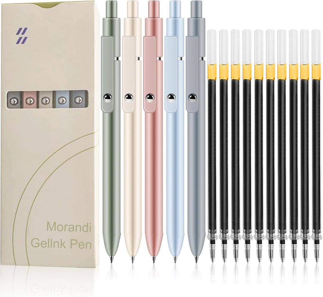 5 PCS Gel Pens Kit, 0.5 mm Fine Point Premium Retractable Ballpoint, Smooth Writing, Aesthetic, Cute, For Women, With 10 PCS Original Refills