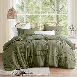 Comfort Spaces Olive Green Queen Size Comforter Set - 3 Piece Pintuck Pleated Bedding Set, All Season Lightweight, Extra Softness Pre-Washed Microfiber Bed Set, Shams