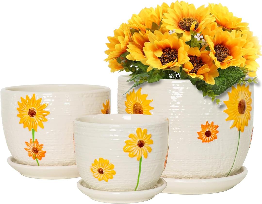 Ton Sin Plant Pots,Set of 3 Ceramic Sunflower Flower Pots for Indoor Plants,4+5+6 inch Pots with Drainage Hole Saucer,Garden Pots Catus Planters