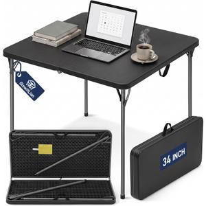 34" Square Folding Table for 4 Person, 330lbs Weight Capacity Foldable Table with HDPE Tabletop & Heavy-Duty Steel Legs, Large Portable Picnic Table for Indoor Outdoor Parties, Camping, Black, 34" x 34" x 28.54"