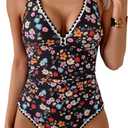 B2prity One Piece Swimsuit for Women Tummy Control Ruched Bathing Suit Push Up Tie Back Swimwear Shell Stitched (X-Large, Colorful Floral)