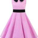 Kids Girls 50s Audrey Vintage Polka Dot Swing Party Rockabilly Dress Retro Peter Pan Doll Collar Wedding Casual Skater Dress (Pink, 7-8Years)