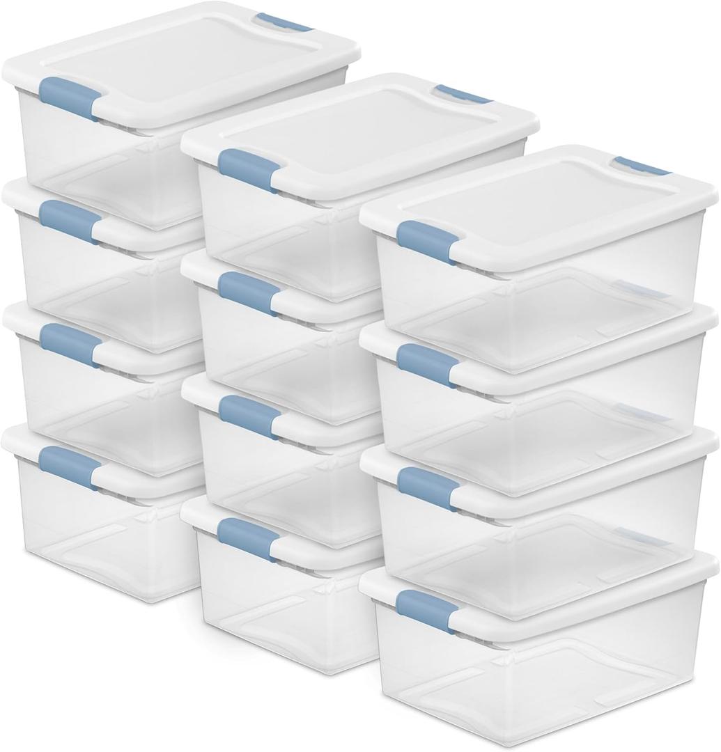 Sterilite 12-Pack Latching Box, Under Bed Storage Bins with Lids, Clear Plastic, 15 Quart - Heavy-Duty Organizing Containers for Closet, Bathroom, and Office