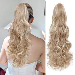 24" Ponytail Extension, Long Curly Wavy Claw Clip and Natural-Looking Synthetic Hairpiece, Voluminous Pony TailHair Extensions for Women Daily Wear. (Medium Blonde With Beige Highlight, 24Inch)