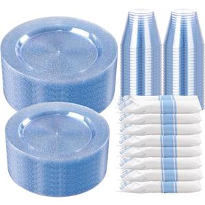 DaYammi 350 Pieces Blue Glitter Dinnerware Set 50 Guest for Party- 50 Dinner Plates, 50 Dessert Plates -50 Per Rolled Napkins with Blue Cutlery - 50 Disposable Cups 9 OZ