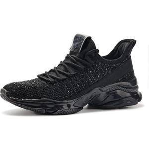 BELOS Women's Rhinestone Mesh Slip On Walking Shoes Fashion Breathable Spakle Glitter Sneaker (8.5)