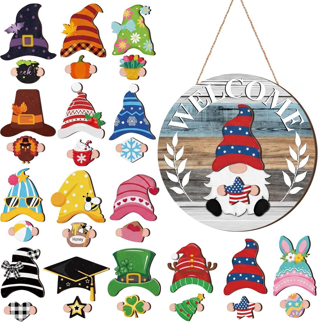 Qunclay Interchangeable Wooden Gnome Decor Holiday Seasonal Gnome Decorations with Magnet Pieces and Detachable Hats Changeable Welcome Sign for Home(Cute Style)