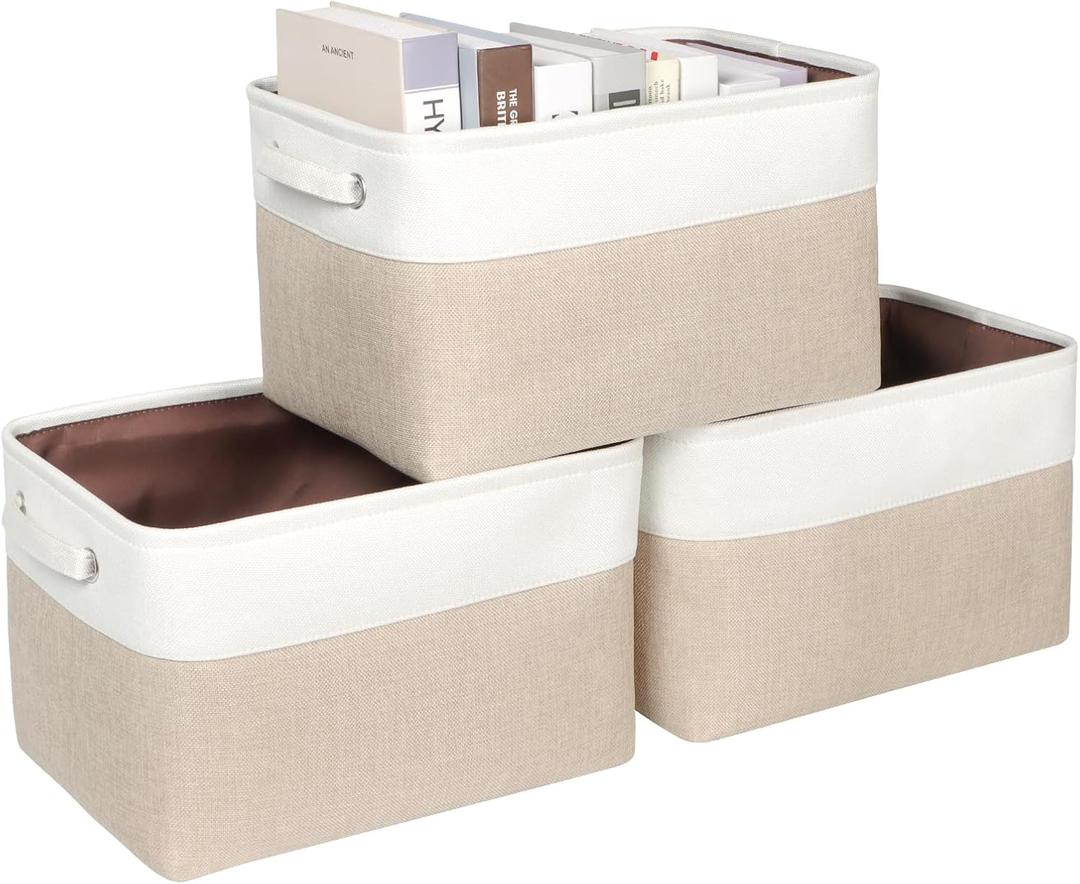 Foldable Storage Bin Collapsible Fabric Storage Basket Cube with Durable Handles Closet Organizer Bins for Organizing Shelves Drawers, Set of 3, 15" x 10" x 9.5", Beige