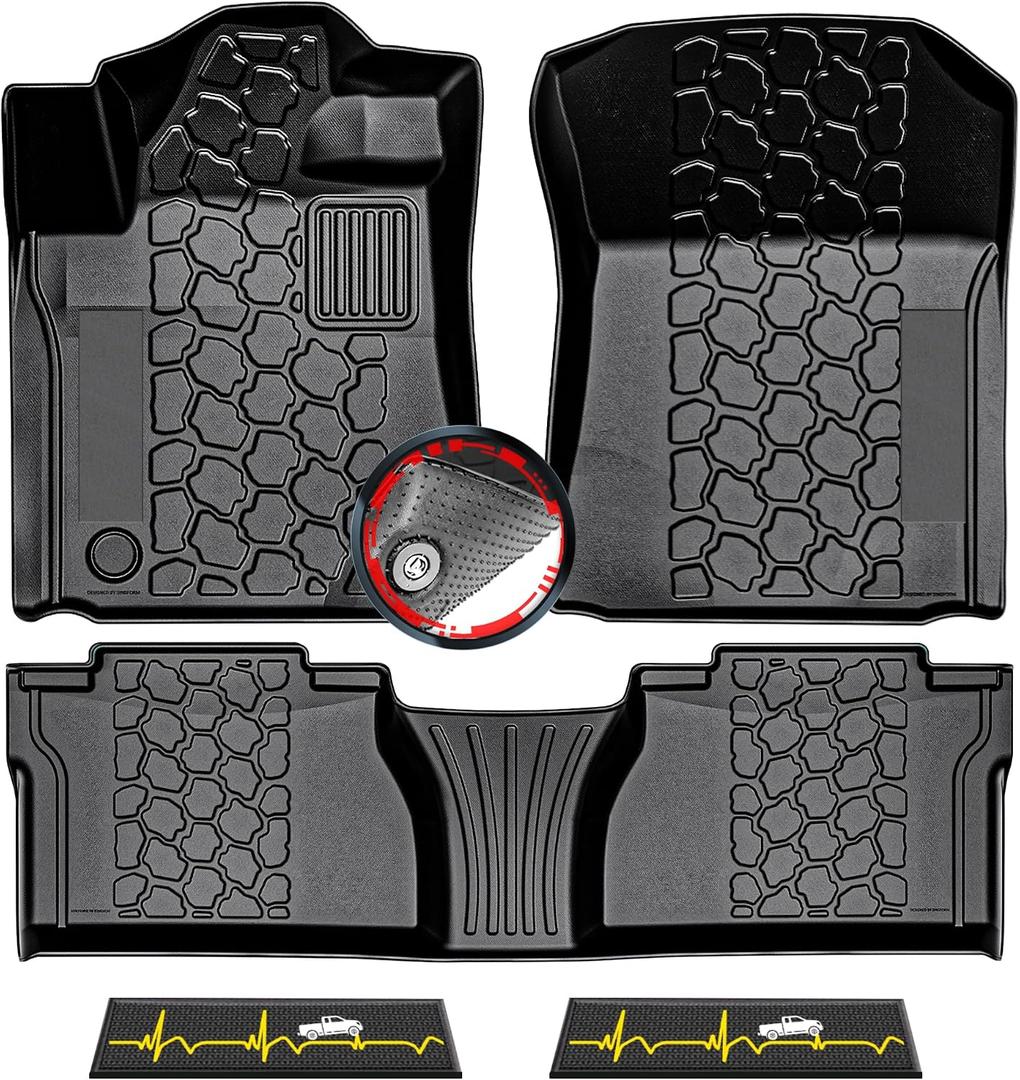 2014-2021 Toyota Tundra Double Cab/Crew Max Cab Floor Mats, All-Weather 3D Custom Fit Car Floor Liners for 1st & 2nd Rows, Anti-Slip Rubber Mats w/Detachable Weather Strips, Odorless & Easy to Clean