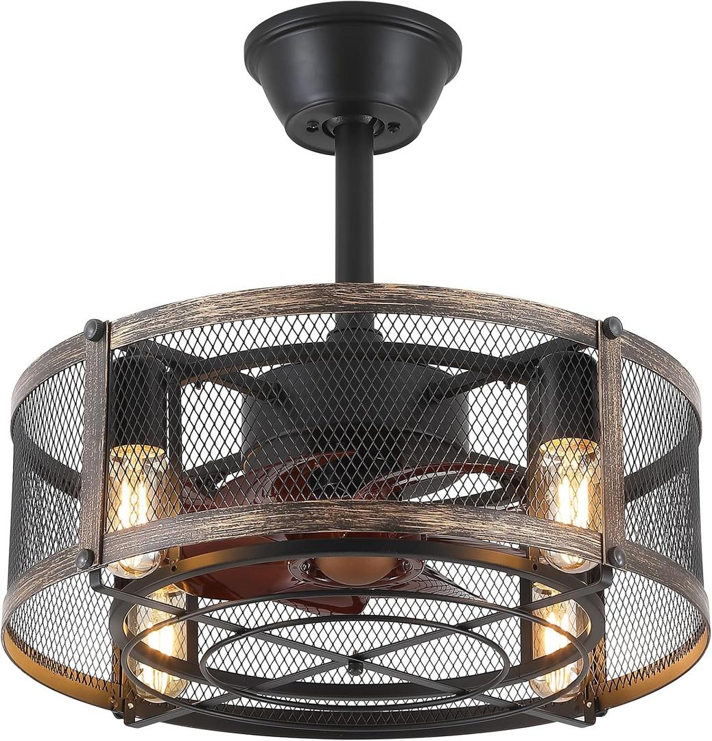 Dannilong Caged Ceiling Fans with Lights and Remote, Farmhouse Ceiling Fan with Light Bladeless, Small Ceiling Fan for Kitchen Bedroom Outdoor, 18 Inch Black Fandelier, Reversible Quiet Motor (Black Gold)