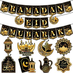 2 in 1 Ramadan nd Eid Decorations, NO-DIY Ramadan Mubarak Decorations Includes Ramadan Eid Banner and Ramadan Decorations Hanging Swirls, Eid Mubarak Decorations Ramadan Decorations for Home (Black)