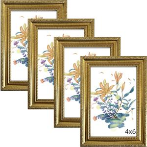 BESCRCL 4x6 Picture Frame Gold with Real Glass, Ornate Vintage 4 x 6 Photo Frames for Wall and Tabletop Display, Set of 4