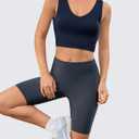 Aoysky Sports Bras for Women Long Line Workout Tank with Built in Bra V Neck Padded Yoga Tops U-Back (Blue, L)