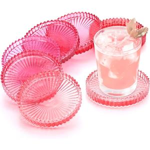Queekay 6 Set Modern Clear Glass Coasters for Drinks Colored Glass Crystal Coasters House Warming Gifts New Home Coffee Table Decor for Office, Kitchen, Bar, Dining Room, Living Room (Pink)
