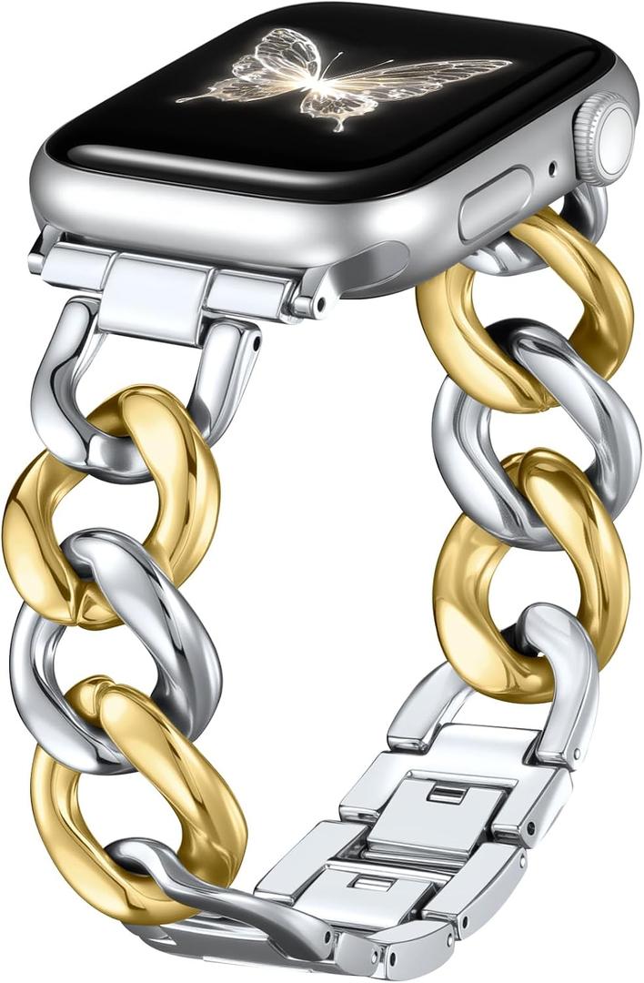 DaQin Gold Band Compatible with Apple Watch Bands for Women 40mm 38mm 41mm 42mm 44mm 45mm 46mm, Metal Chain Link Steel Replacement Accessories Bracelet for iWatch Bands Series 11 10 9 8 7 6 5 4 3 2 1