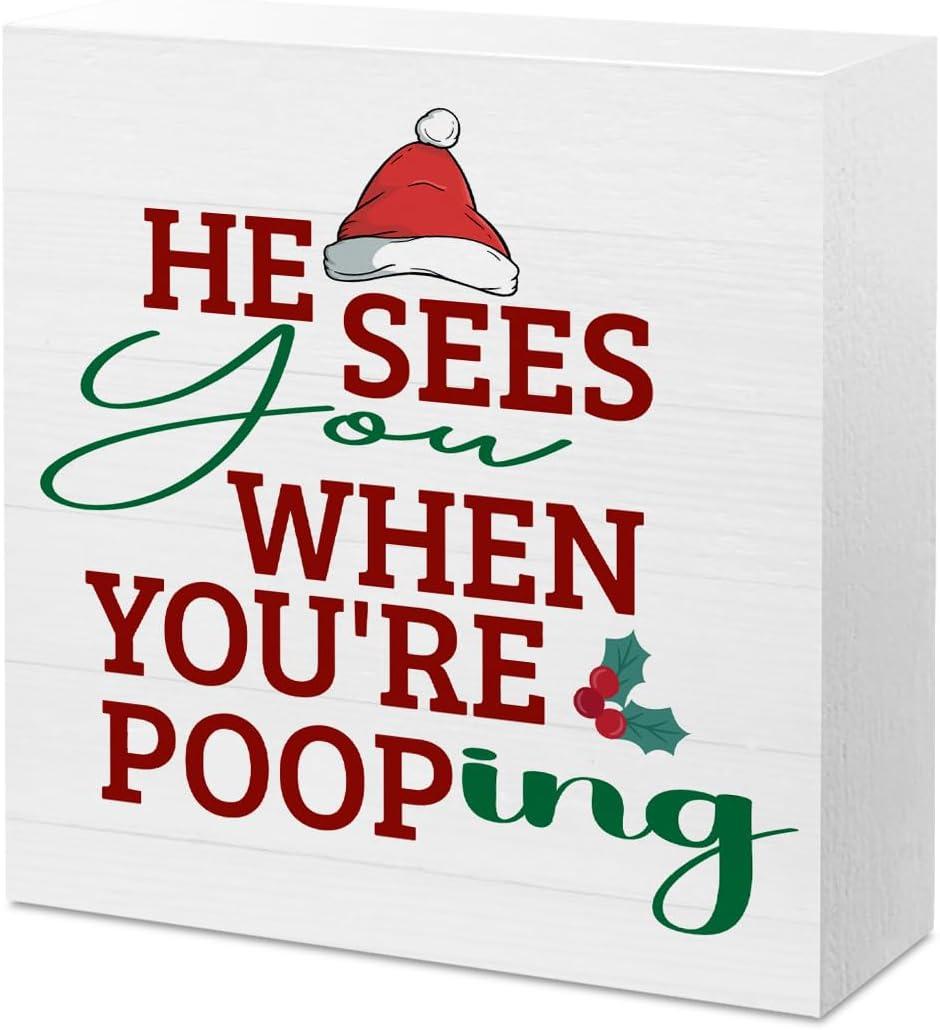Christmas Bathroom Sign Christmas Bathroom Decor Decorations for Home Room Office Toilet Restroom Humor Xmas Quote Sign Funny Housewarming Gifts for Women 5 X 5 Inch (Pooping)