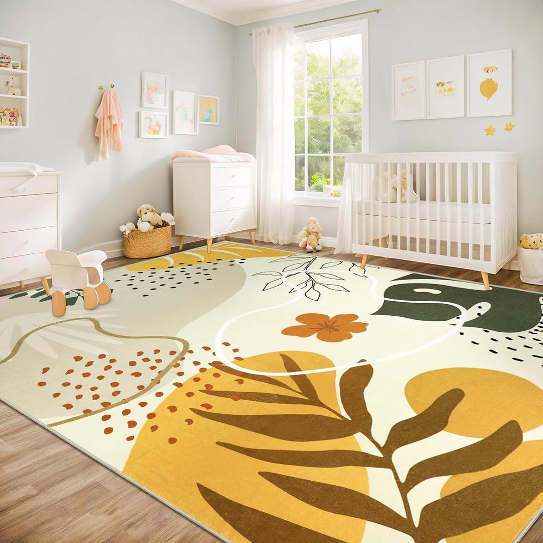 Capslpad Area Rugs 9x12, Washable Nursery Rug, Low Pile Soft Non-Shedding Playroom Carpet, Botanical Print Tan Rugs for Bedroom, Classroom, Living Room