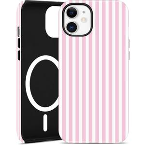 Jusy Compatible with MagSafe Striped Phone Case for iPhone 12/12 Pro, Cute Aesthetic Magnetic Soft TPU and Hard PC Protective Phone Cover for Women Girls (Matte) - Pink and White