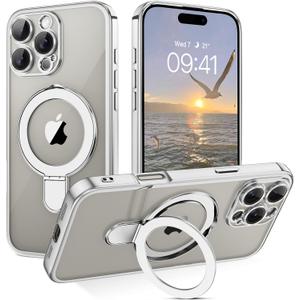GUAGUA for iPhone 16 Pro Max Case with Stand, Magnetic Clear Cases Plating Edge Invisible Ring Holder Slim Shockproof Protective Kickstand Phone Case for iPhone 16 Pro Max 6.9 inch, Silver