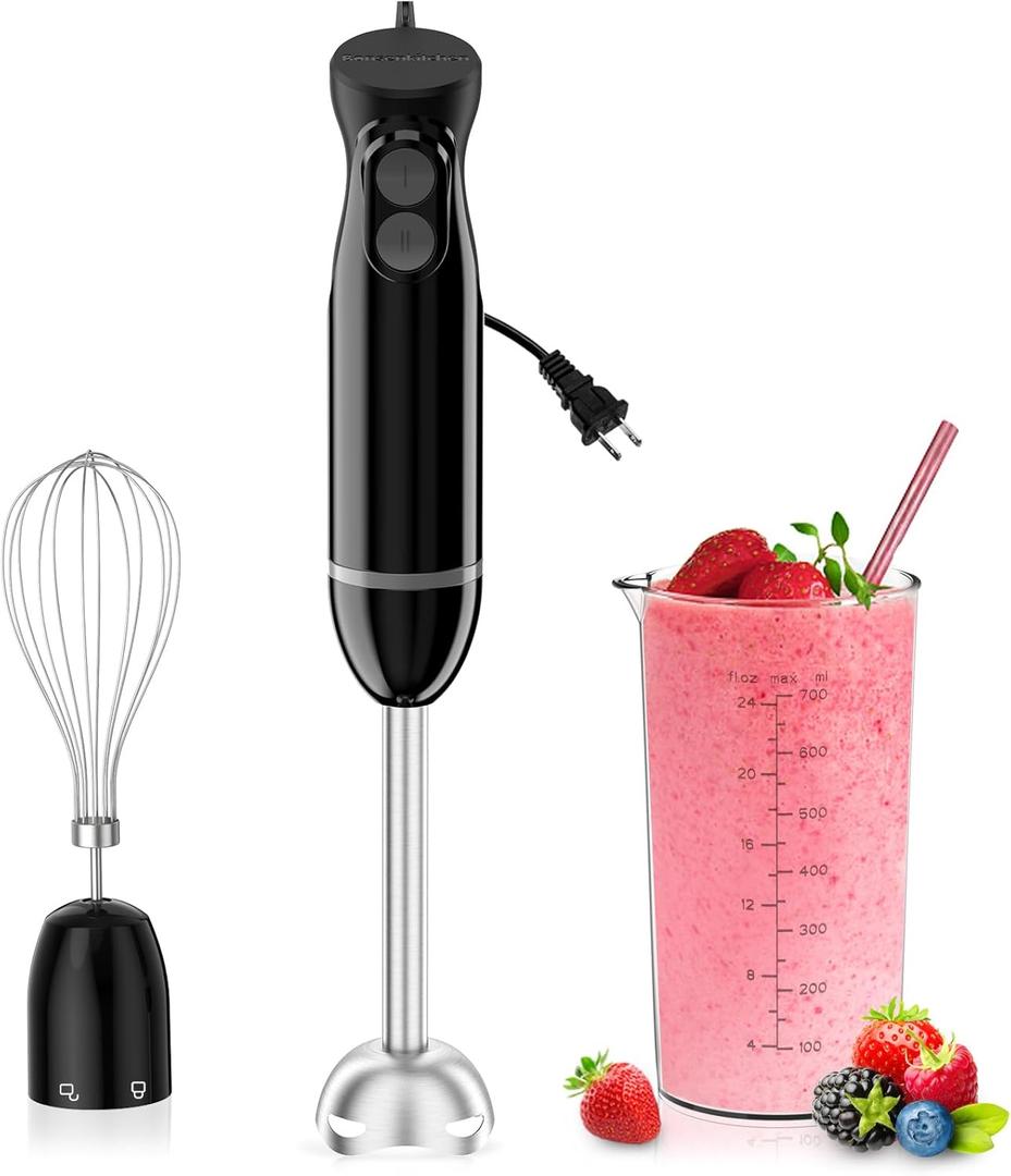 Bonsenkitchen Immersion Blender Handheld, 2 Mixing Speed Hand Blender Electric with Sharp Blades, 3-In-1 Hand Held Stick Blender with Egg Whisk, 24oz Beaker for Soups, Smoothies, Sauce (Black)