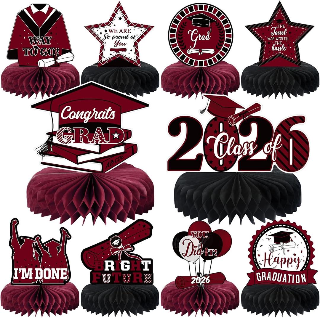 10PCS Graduation Party Decorations Class of 2026 Congrats Grad Table Centerpieces Congratulate Graduation Honeycomb Table Toppers for Graduation Party Supplies(Maroon Black)