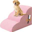 Romrol Dog Stairs Ramp for Beds Couches, Extra Wide Pet Steps with Durable Non-Slip Waterproof Fabric Cover, Pets Slope Stairs, 3-Tiers,Pink, Pack Of 2