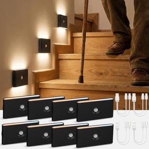 wowatt Rechargeable Motion Sensor Stair Light, Black Night Lights with Magnetic Mount, Dimmable Step Lights Indoor for Stairway, Hallway, Kitchen, Bathroom(6 Packs)