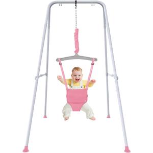 Baby Jumper with Stand, Toddler Swing Set forIndoor/Outdoor Play, Jumper for Baby 6-24 Months,Baby Jumpers and Bouncers with Adjustable Chain,Easy to Assemble & Store(Pink)