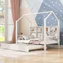 Merax Wood Twin Montessori Daybed with Trundle and Book Shelf Low Sofa Day Bed for Boys Girls No Box Spring Needed White