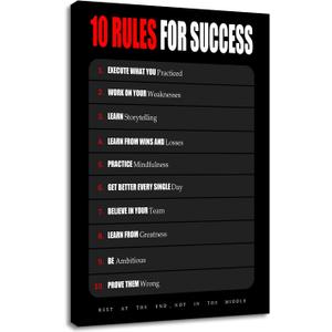 YSPCSUN Motivational Canvas Wall Art, 10 Rules for Success Quote Single Panel Framed Canvas Poster for Living Room Gym Office Decor, Black Red, 36x24inch