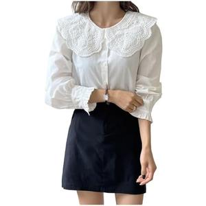 Floerns Women's Doll Collar Button Down Victorian Shirts Eyelet Embroidery Long Sleeve Kawaii Frilly Blouse XL